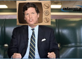 “Don’t Believe Their Lies! I’m Still On The Air…” Says Tucker Carlson Talking Through Cardboard TV Cutout At Area IHOP